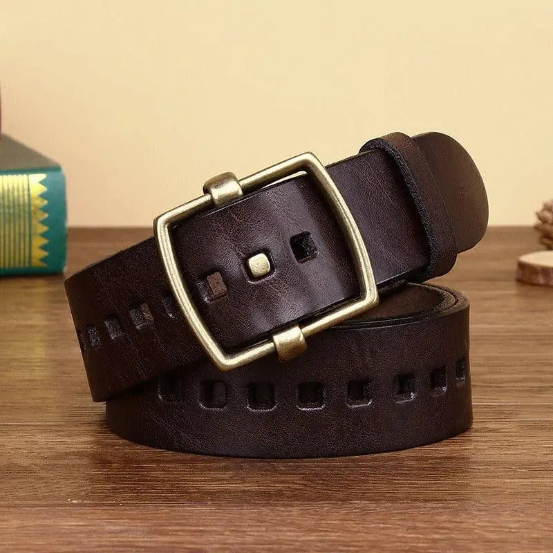 Sanjay leather belt with square brass buckle in brown leather for stylish fashion accents