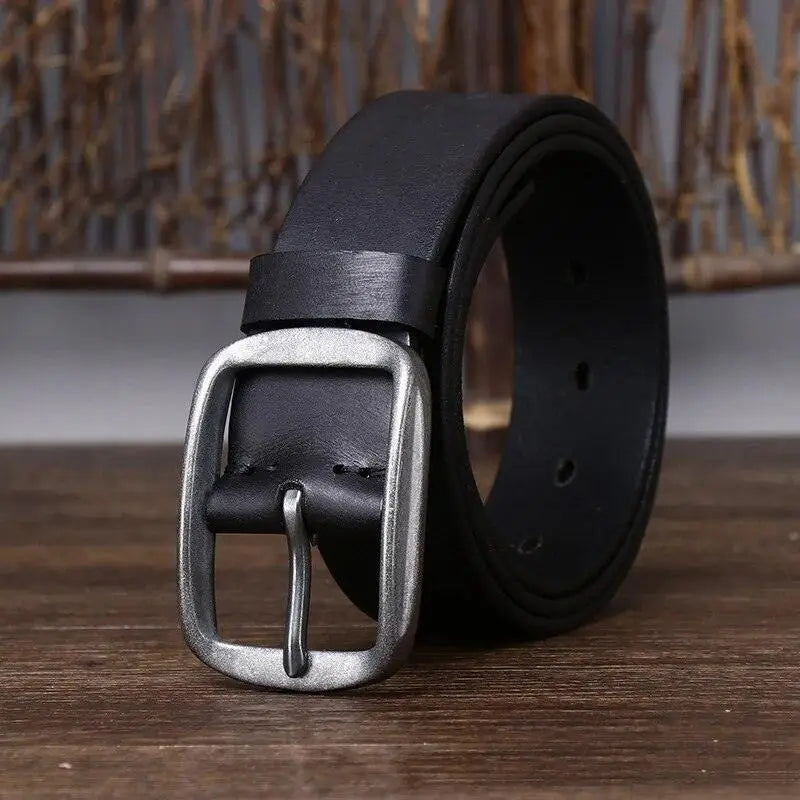 Black leather belt with silver buckle from Thanica Men’s Leather collection for men