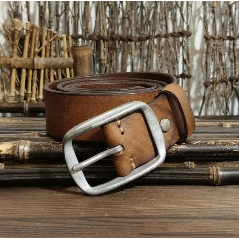 Brown leather belt with silver buckle from Thanica Men’s Leather Belts for stylish wear