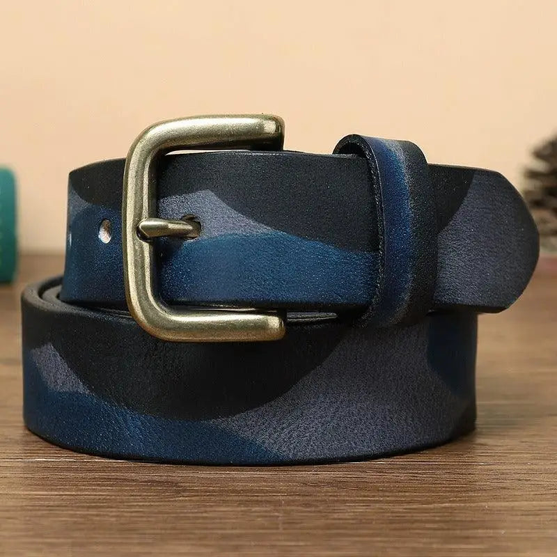 Blue camouflage leather belt with brass buckle shown in product image
