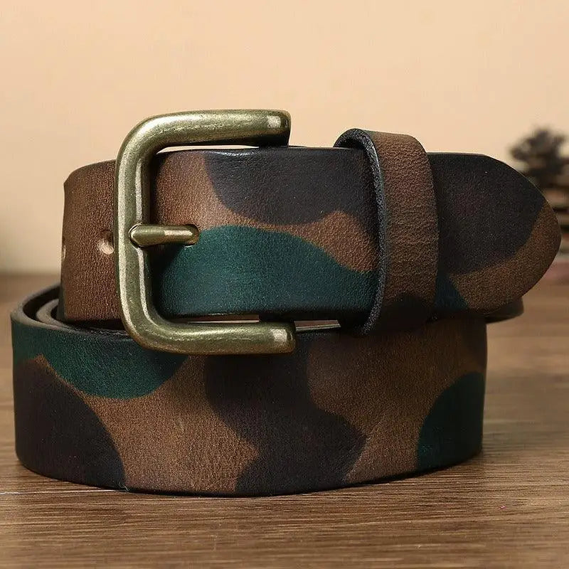 Blue camouflage leather belt with brass buckle and metal fastening system
