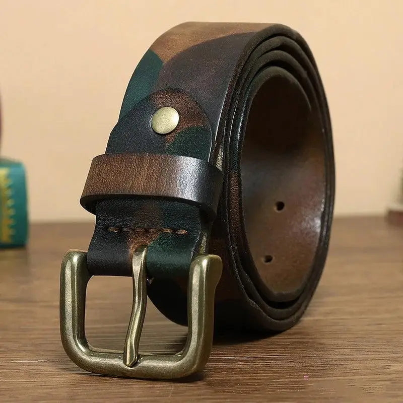 Blue camouflage leather belt with brass buckle Rolled for display