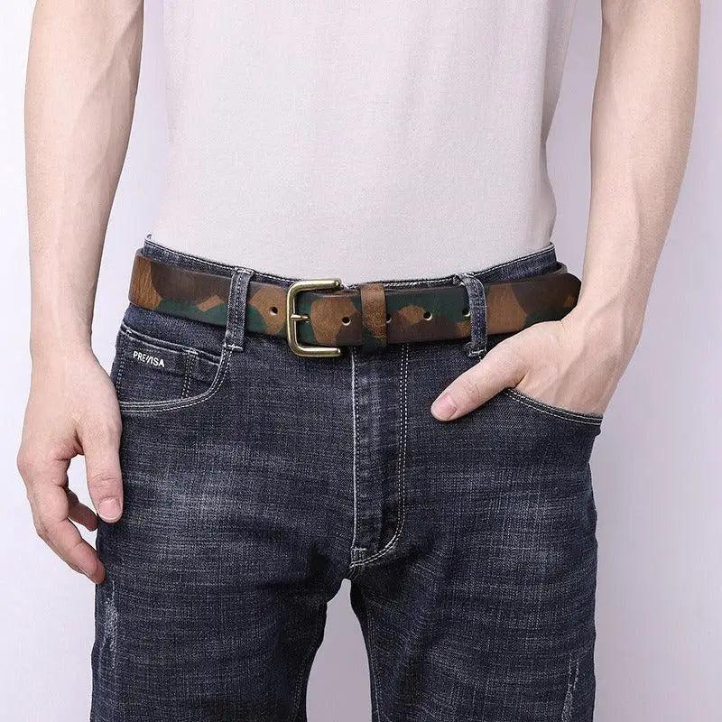 Blue camouflage leather belt with brass buckle for stylish men’s accessories