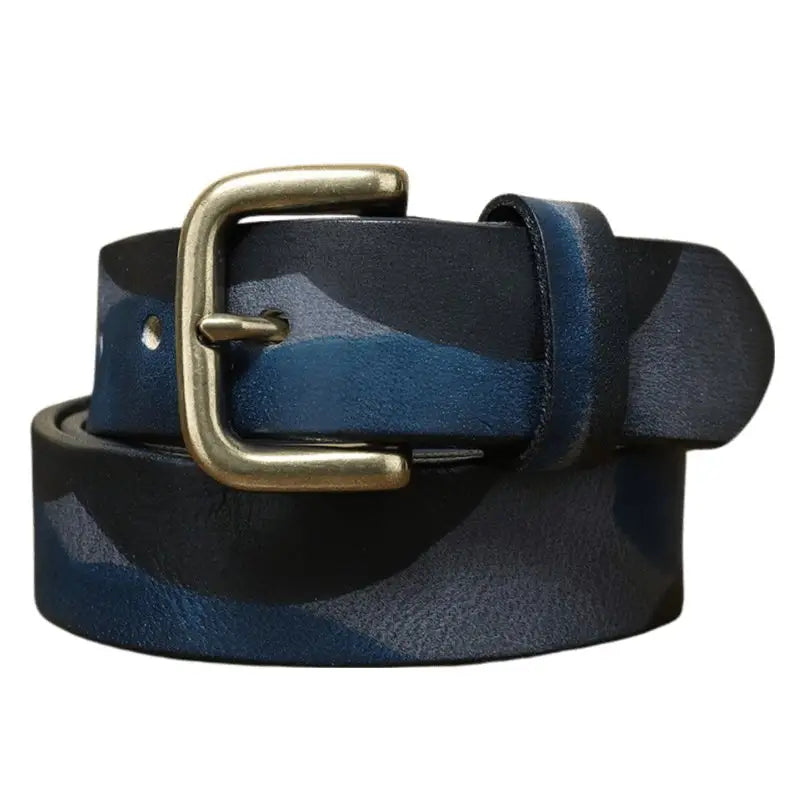 Blue camouflage leather belt with brass buckle for stylish men’s fashion accessory