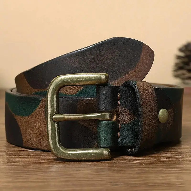 Blue camouflage leather belt with brass buckle, stylish accessory for casual wear