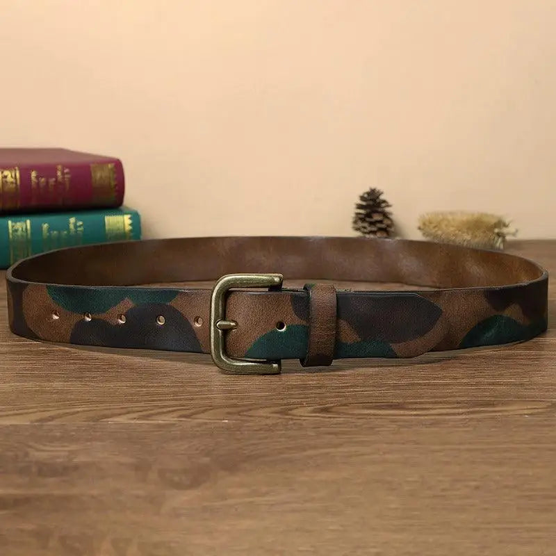 Camouflage leather belt with brass buckle shown in Blue Camouflage Leather Belt product