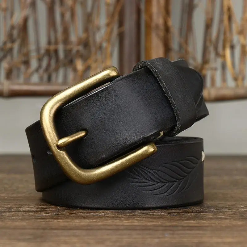 Black leather belt with brass buckle from Leather Belts with Brass Buckles collection