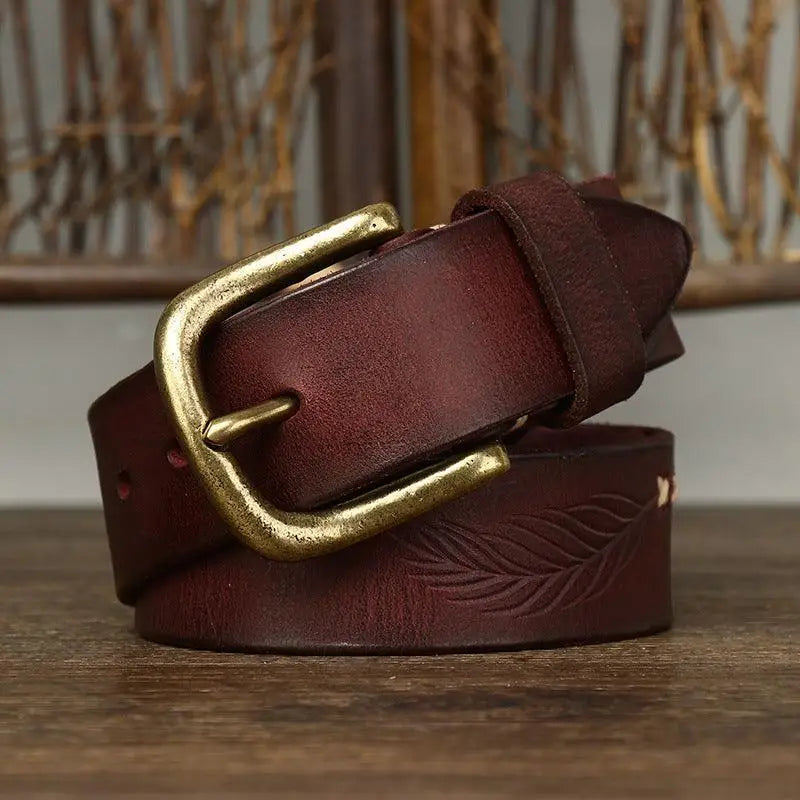 Maroon leather belt with gold buckle from Leather Belts with Brass Buckles collection