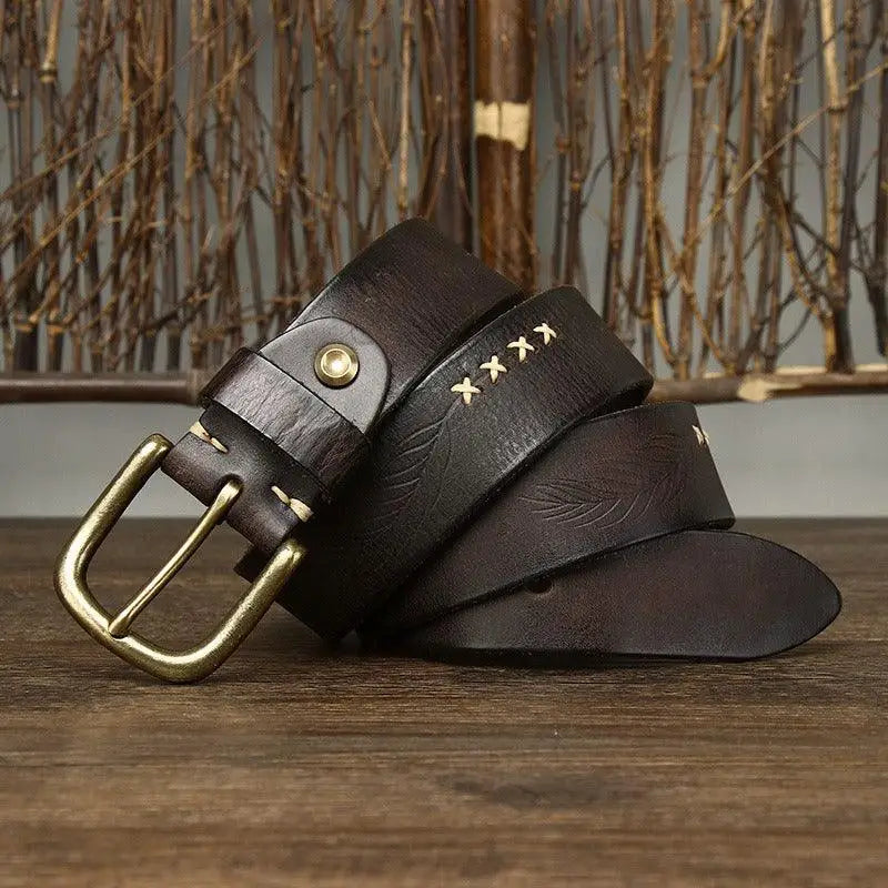 Brown leather belt with gold buckle from Leather Belts with Brass Buckles collection