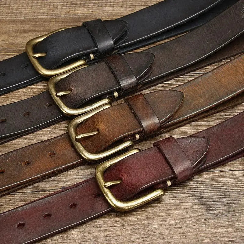 Leather belt with brass buckle in brown and maroon options for stylish accessories