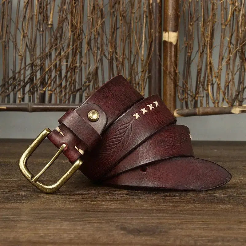 Leather belt with a gold buckle from Leather Belts with Brass Buckles in Brown and Maroon Options