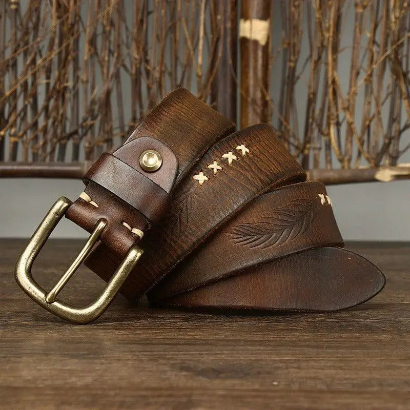 Brown leather belt with decorative stitching and brass buckle for versatile style