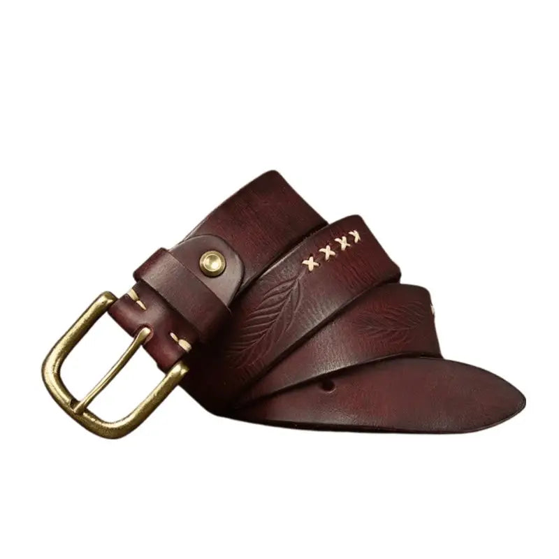 Maroon leather belt with brass buckle, stylish accessory from Leather Belts with Brass Buckles collection