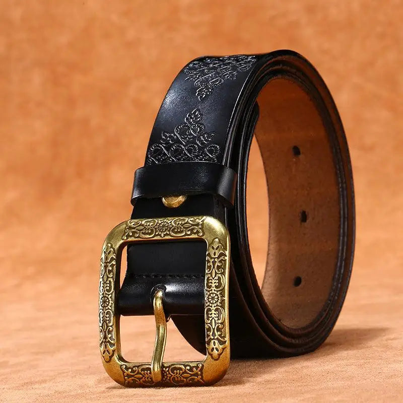 Embossed black leather belt with ornate gold buckle from Itzel Leather Belt Collection