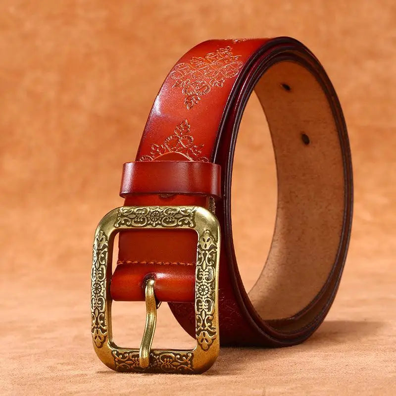 Itzel Leather Belt from Itzel Leather Collection with ornate brass buckle in brown leather