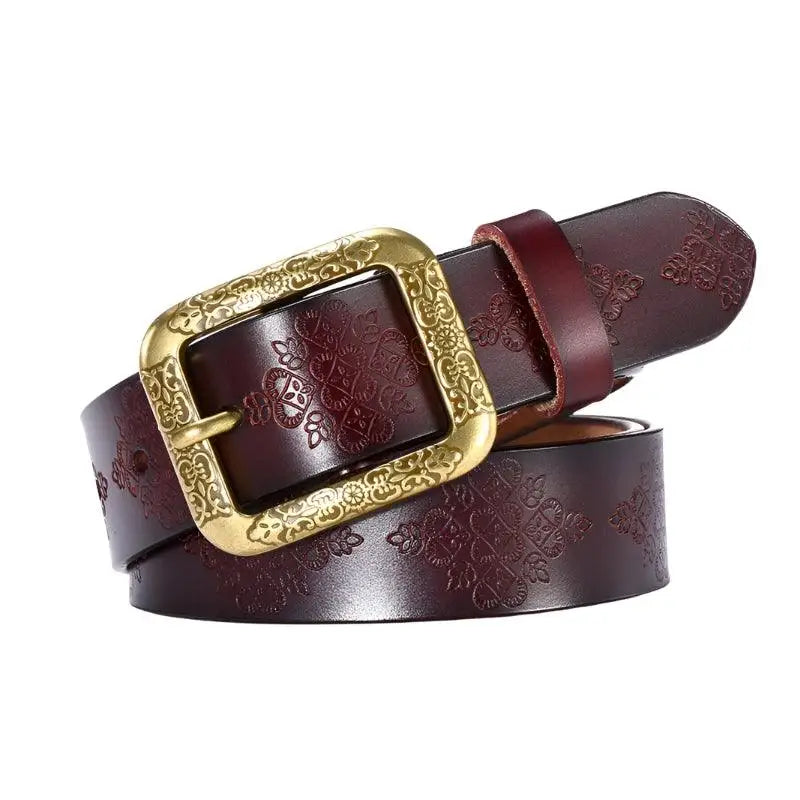 Itzel Leather Belt with ornate buckle and patterned leather design