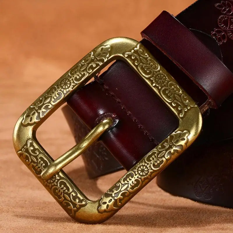 Itzel Leather Belt with ornate gold buckle from the Itzel Leather Belt Collection