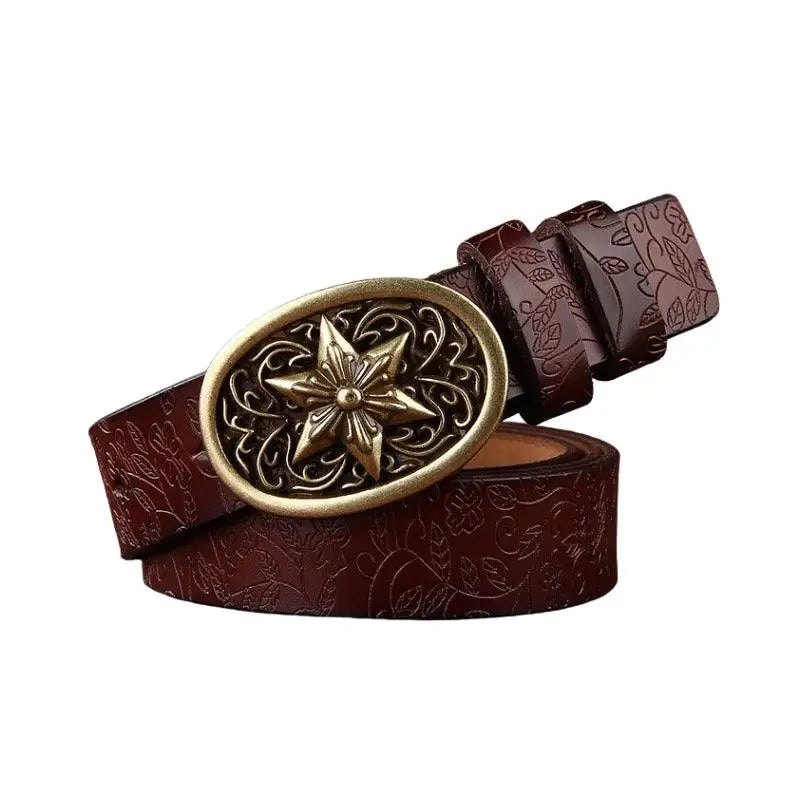 Embossed brown leather belt with ornate gold star buckle from Sanaa Leather Belt collection
