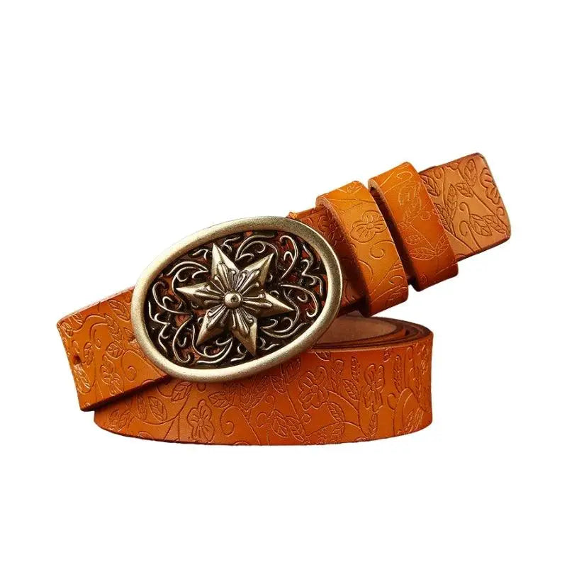 Embossed Sanaa Leather Belt with Ornate Gold Star Buckle and floral pattern