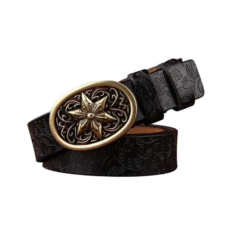 Sanaa Leather Belt with ornate gold star buckle and floral pattern for elegant style