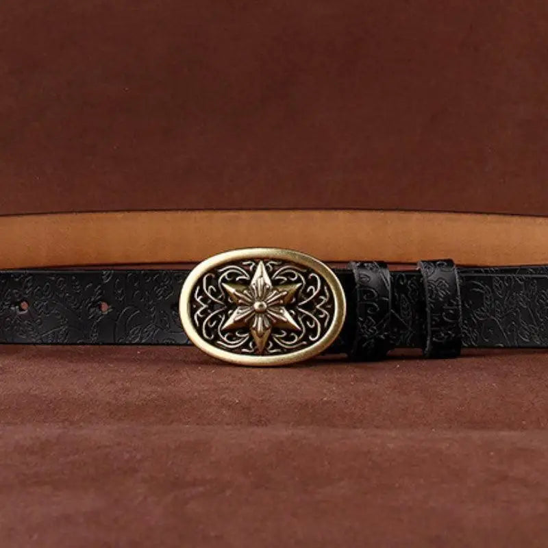 Sanaa Leather Belt with ornate gold star buckle and floral pattern for stylish wear