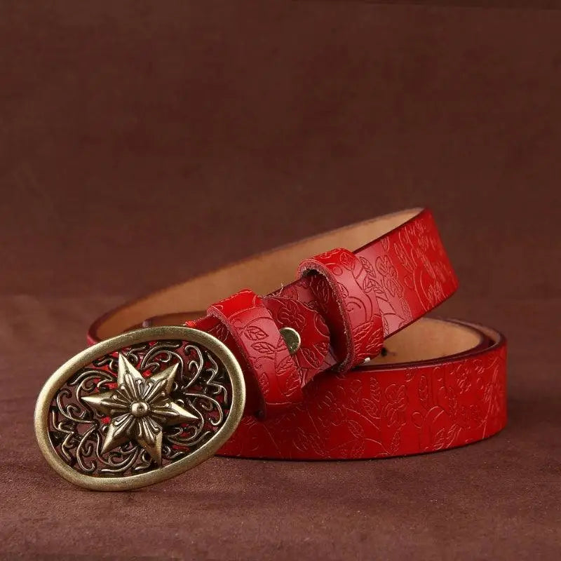 Red leather belt with ornate gold star buckle from Sanaa Leather Belt collection