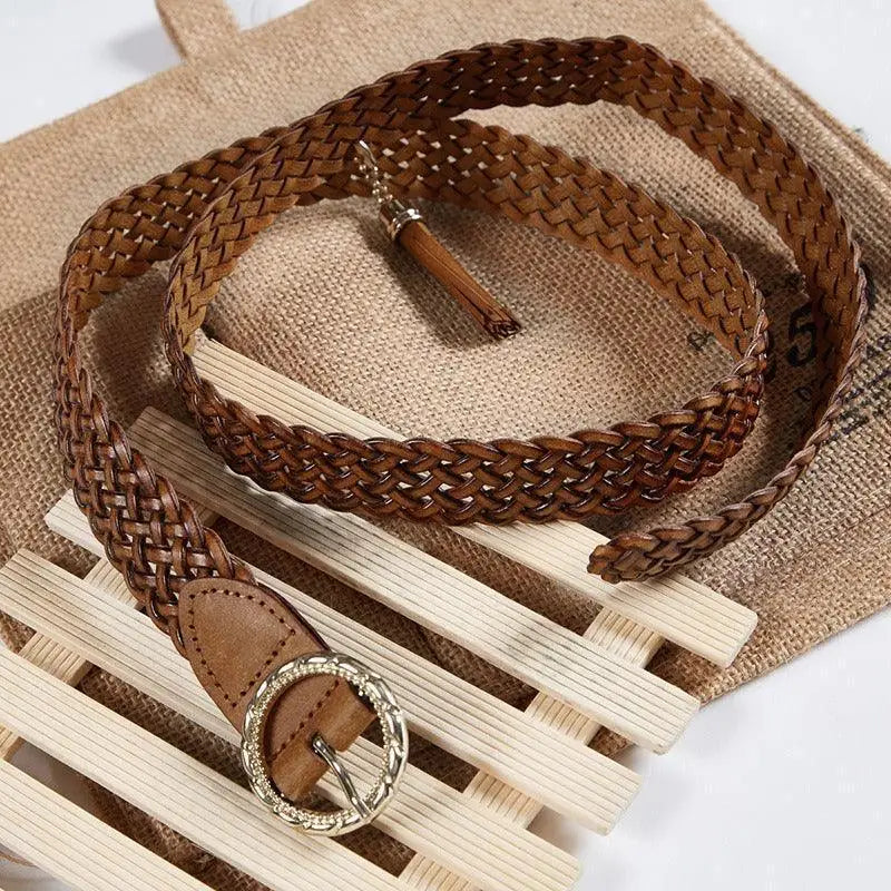 Kara braided leather belt with tassel, stylish accessory in brown braided leather