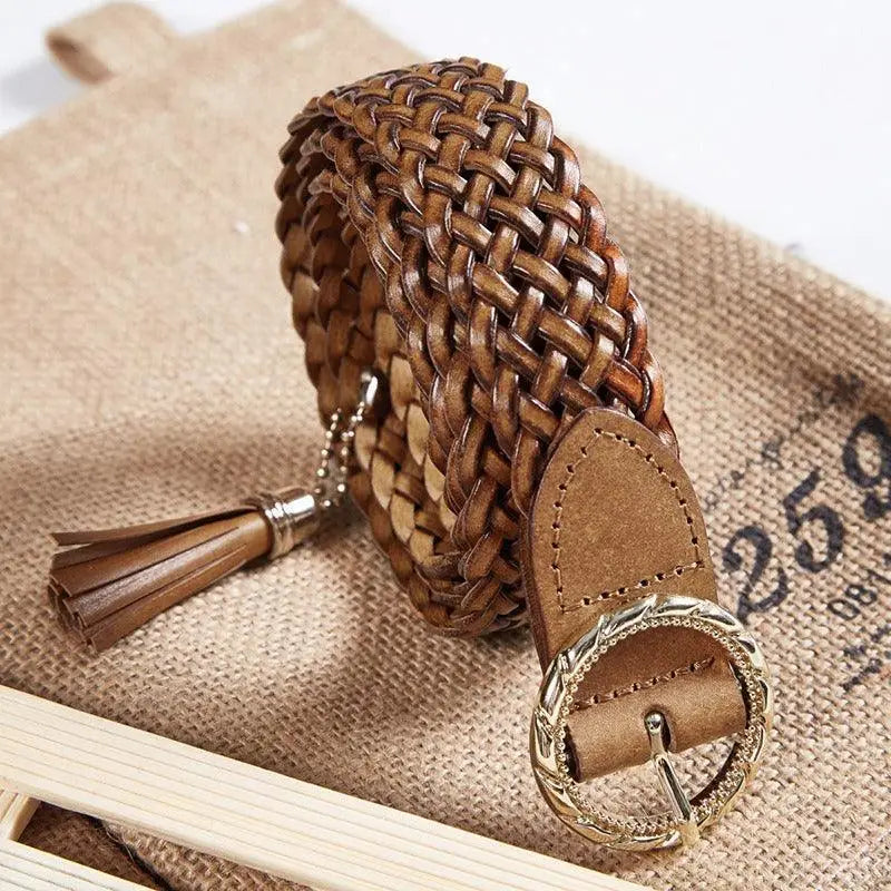 Kara braided leather belt with tassel for stylish accessories, crafted from braided leather