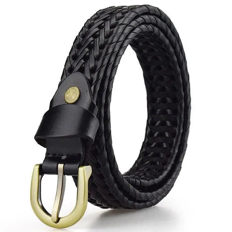 Braided black leather belt with gold metal buckle displayed in Braided Leather Belt with Metal Buckle product image