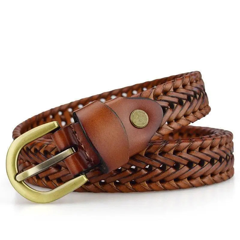 Braided brown leather belt with metal buckle for men and women