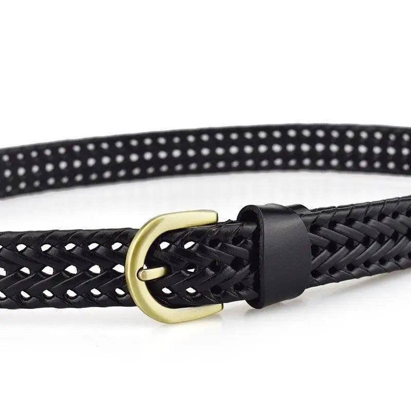 Braided black leather belt with a gold metal buckle for stylish accessories
