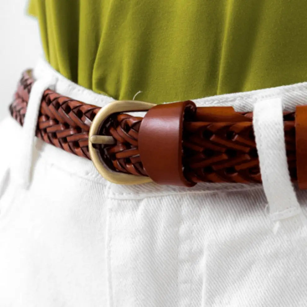 Braided brown leather belt with metal buckle for stylish men’s fashion accessory