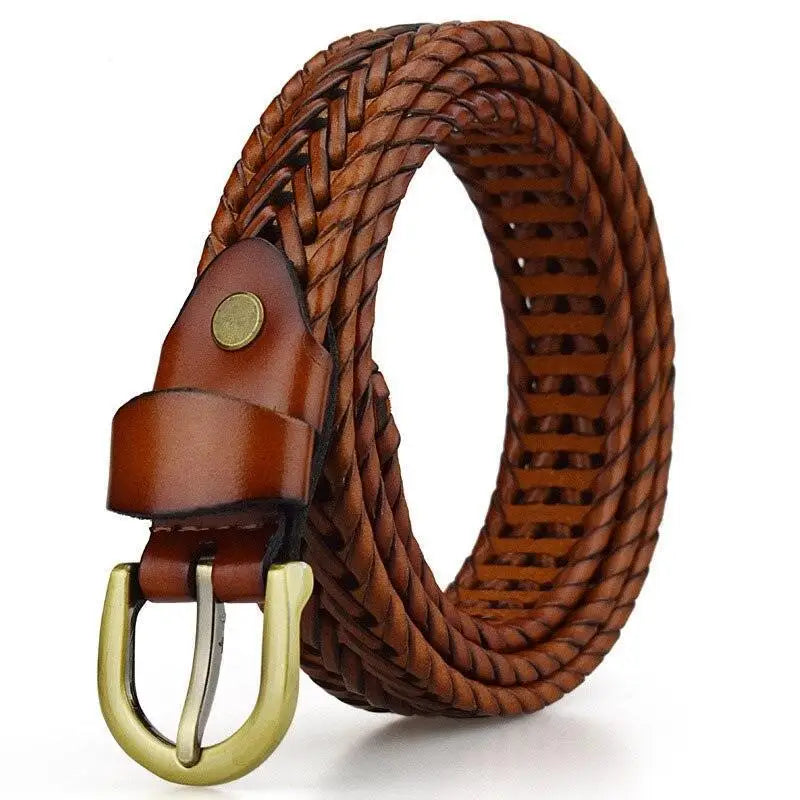 Braided brown leather belt with a brass metal buckle for stylish and durable wear