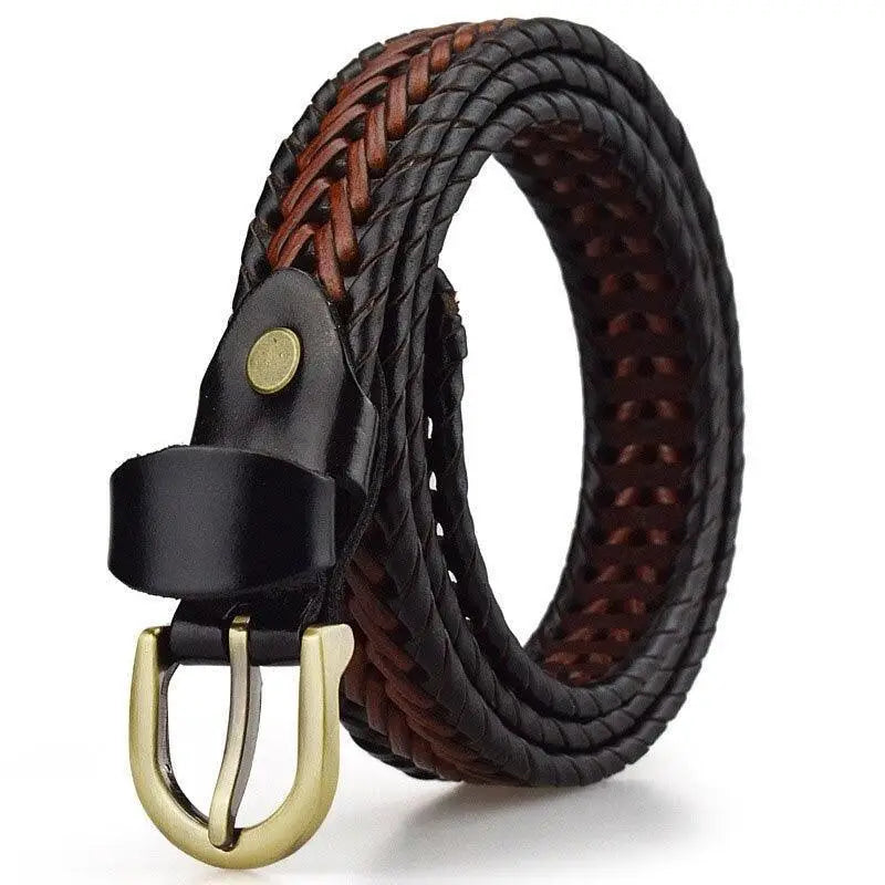 Braided leather belt with brass buckle showcasing a sophisticated men’s accessory