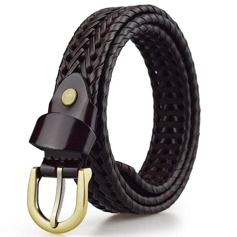 Braided brown leather belt with a gold metal buckle for stylish men’s fashion