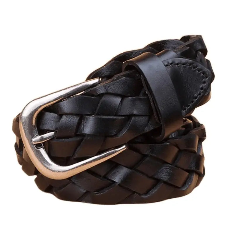 Braided black leather belt with silver buckle for men or women accessories product image