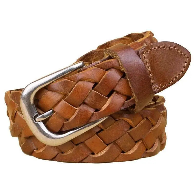 Braided brown leather belt with silver buckle displayed in product Braided Brown Leather Belt with Silver Buckle