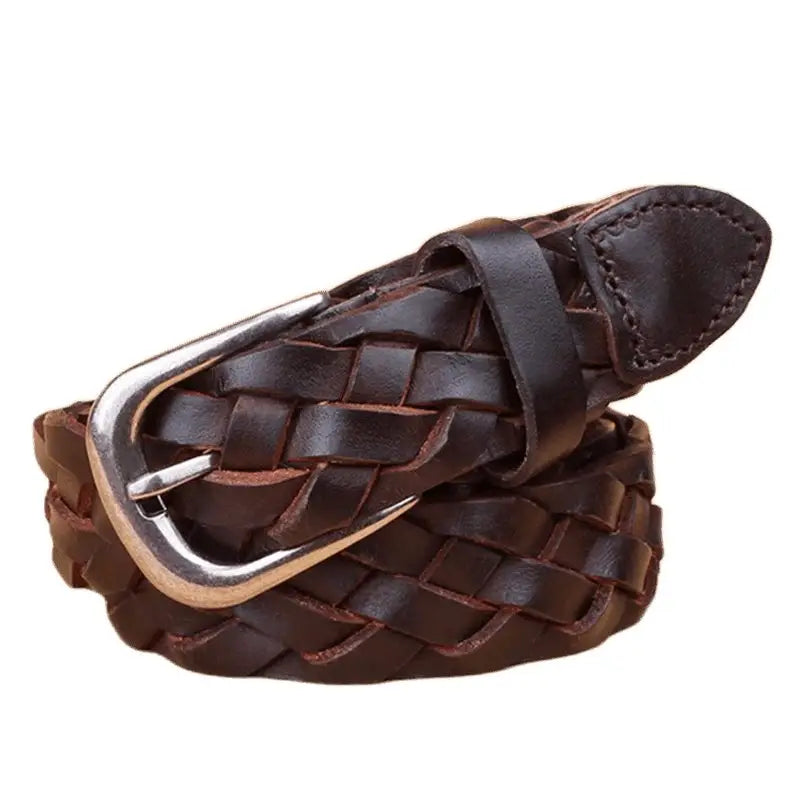 Braided brown leather belt with a silver buckle displayed in the product description