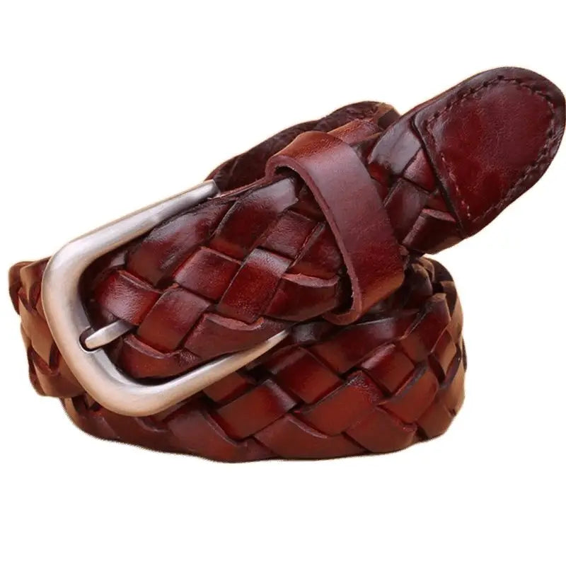 Braided brown leather belt with a silver buckle displayed in the product listing