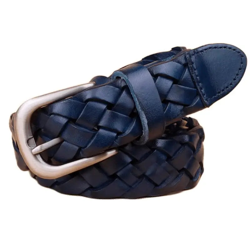 Braided blue leather belt with silver buckle displayed with a brown leather belt product