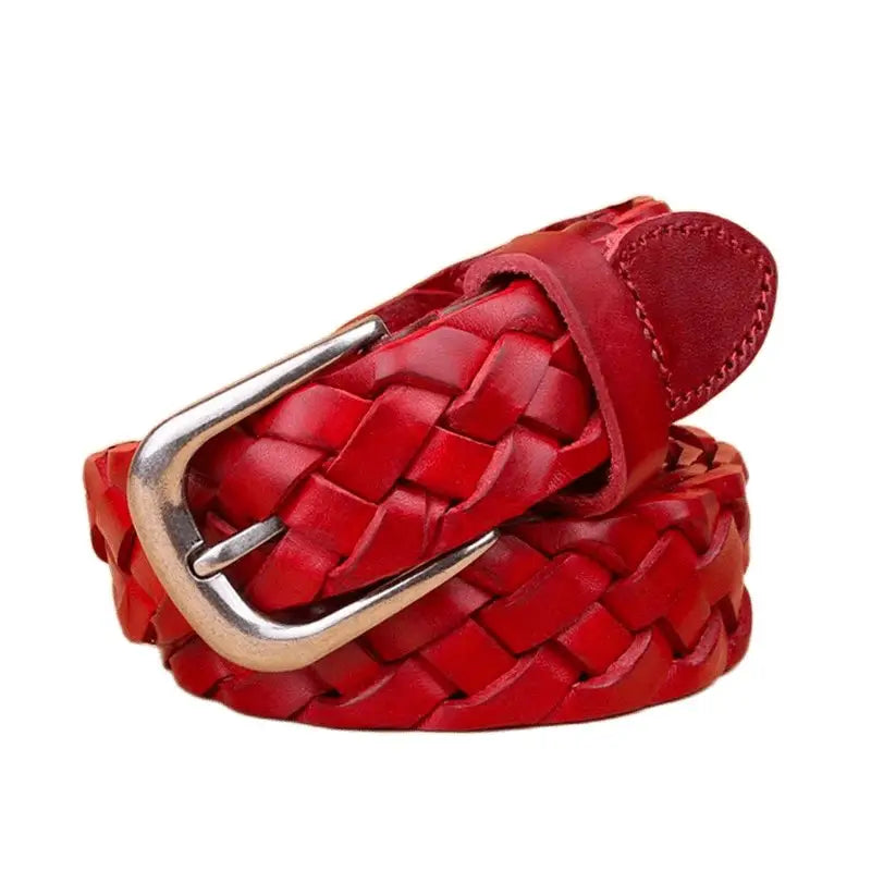 Red braided leather belt with silver buckle displayed in Braided Brown Leather Belt with Silver Buckle product image