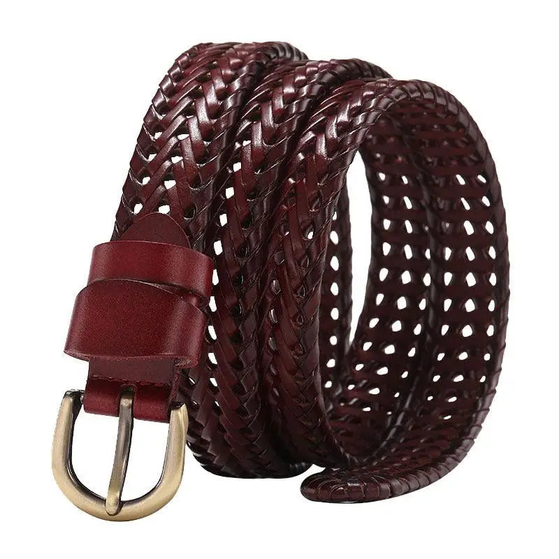 Mariam braided leather belt with woven burgundy leather and metal buckle for stylish wear
