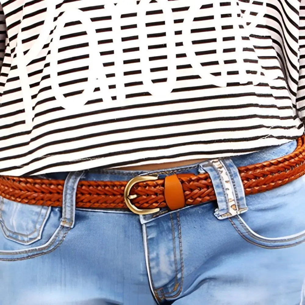 Mariam Braided Leather Belt with Gold Buckle for Stylish Wear
