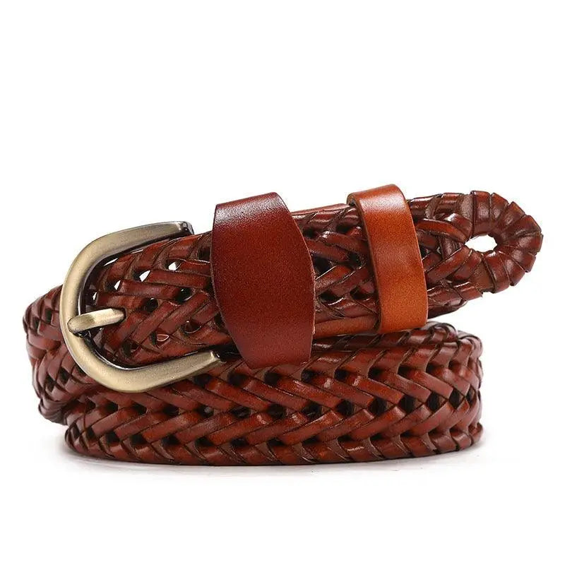 Brown woven leather belt from Mariam Braided Leather collection with metal buckle