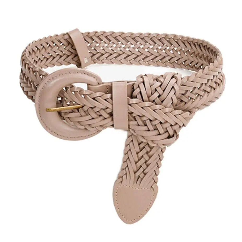 Beige braided Tekla Belt with crescent circular buckle for classic style accessory