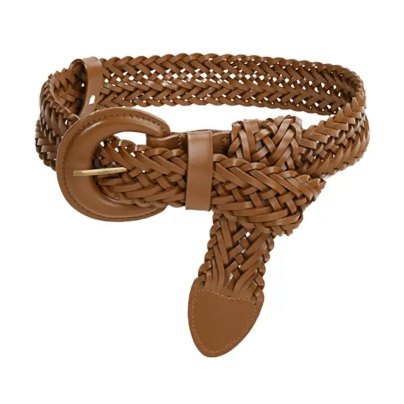 Brown braided Tekla Belt with circular buckle for classic style craftsmanship