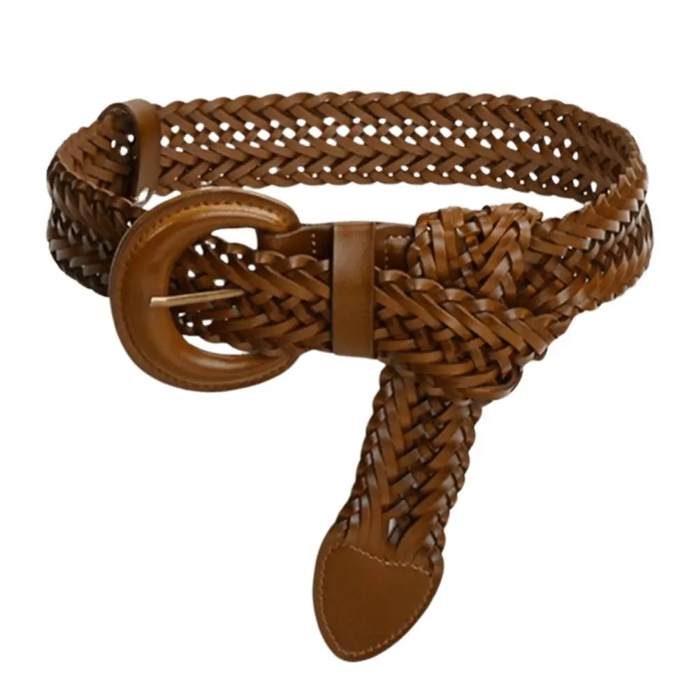 Brown braided leather Tekla Belt with circular buckle for a classic style