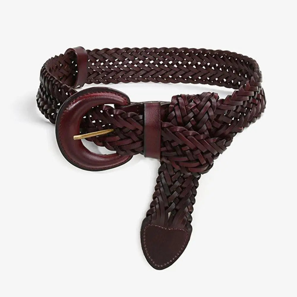 Braided brown leather Tekla Belt with circular buckle for classic style