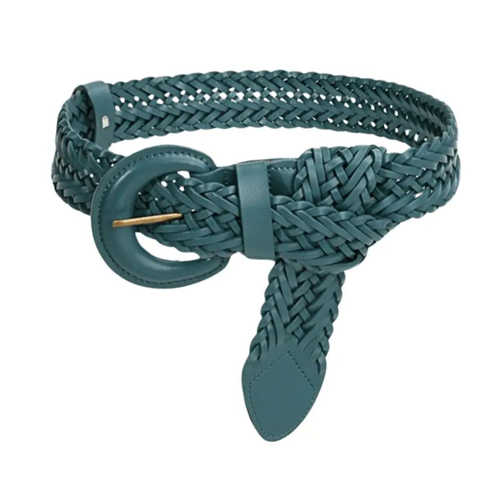 Tekla Belt braided teal leather with gold circular buckle for a classic style