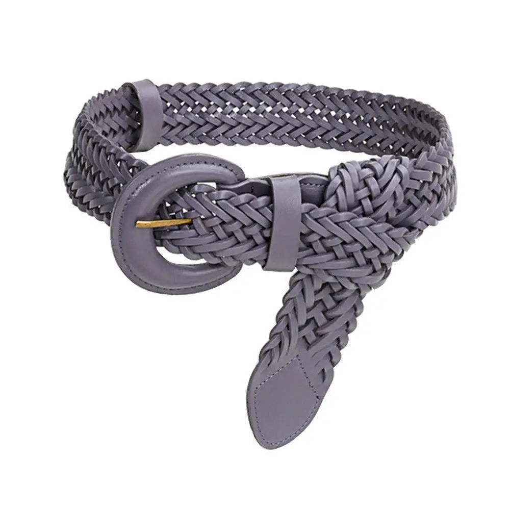 Braided gray leather Tekla Belt with circular buckle for a classic style accessory
